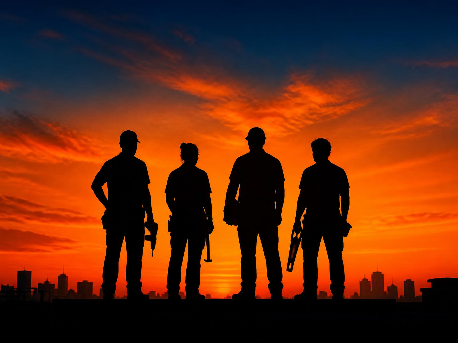 Team von Handwerkern als Silhouette vor einem Sonnenuntergang